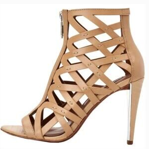 BCBG Max Azria Eleni Leather Caged Front Zip Gladiator Sandals Tan